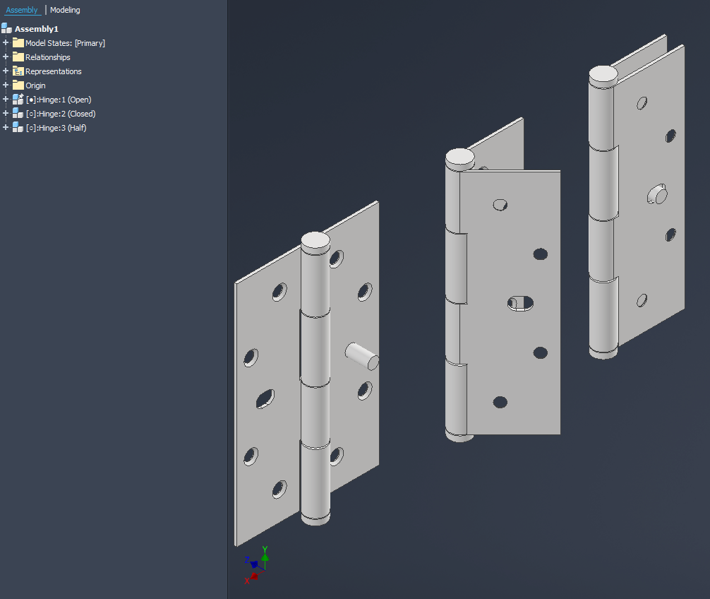 A visual representation of a hinge assembly in Autodesk Inventor showing three different model states: open, closed, and half-open, alongside the assembly browser highlighting the configurations